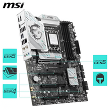 MSI computer motherboard with graphics highlighting features on a white background