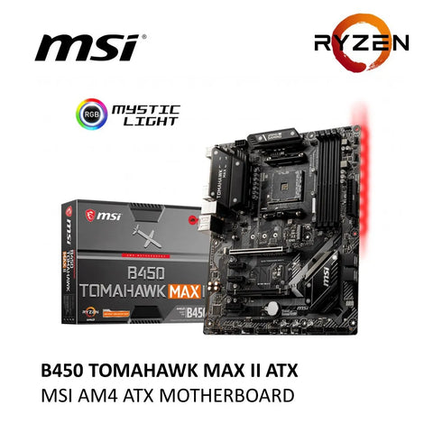 MSI B450 TOMAHAWK MAX II ATX motherboard with packaging and Ryzen branding on a white background.