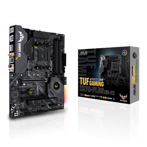 Asus TUF Gaming X570-Plus WIFI motherboard with packaging on a white background