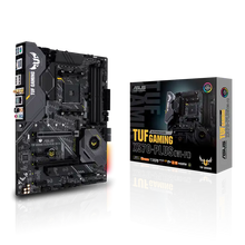 Asus TUF Gaming X570-Plus WIFI motherboard with packaging on a white background