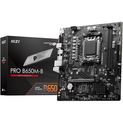 MSI Pro B650M-B motherboard with packaging on a white background