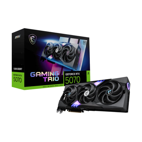 MSI GeForce RTX 5070 Gaming Trio graphics card with packaging on a white background