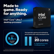 Intel Core Ultra 7 desktop processor packaging with performance specifications on a blue background