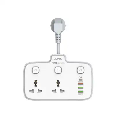 White power adapter with multiple sockets on a white background