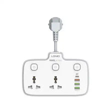 White power adapter with multiple sockets on a white background