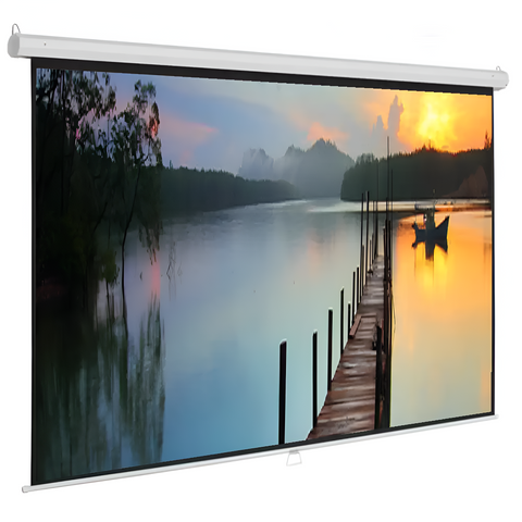 Projector screen displaying a scenic view of a lake with a dock at sunset.