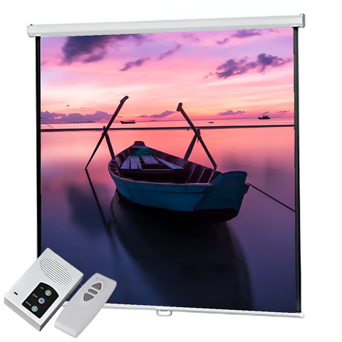 Projector screen with a boat and sunset scene, accompanied by a remote control.