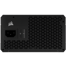 Black power supply unit with Corsair logo on a white background