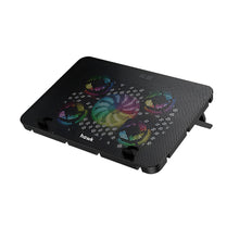 Black laptop cooling pad with RGB lighting on a white background