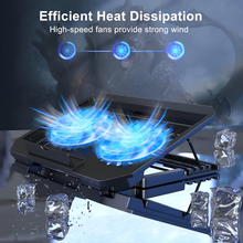 Gaming laptop cooler with high-speed fans and heat dissipation graphics on a dark background.