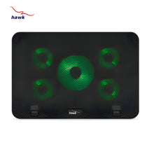 Laptop cooling pad with green LED lights on a white background, featuring the Hawk brand.