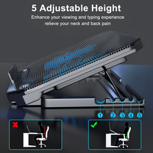 Adjustable height laptop stand with ergonomic benefits on a dark background