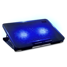Laptop cooling pad with blue LED lights on a white background