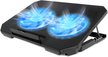 Black laptop cooling pad with blue LED lights on a white background