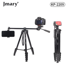 Jmary camera tripod with smartphone holder and camera on a white background