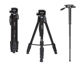 Three black tripods of different types on a white background