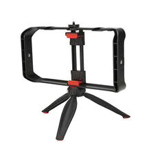 Black smartphone holder with tripod legs on a white background