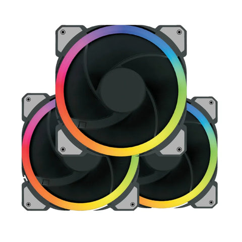 Three rainbow-colored computer fans on a white background