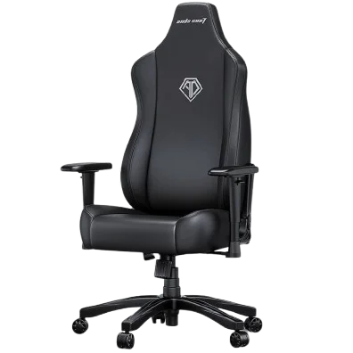 Black office chair with a diamond logo on a white background