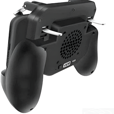 Black gaming controller on a white background