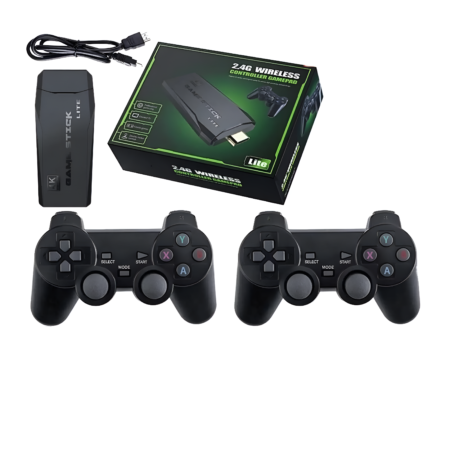 Two black gaming controllers with a wireless receiver and packaging on a white background