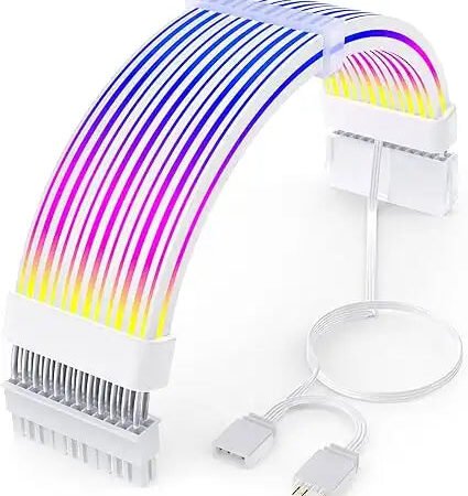 Colorful LED strip with white base and USB cable on a white background