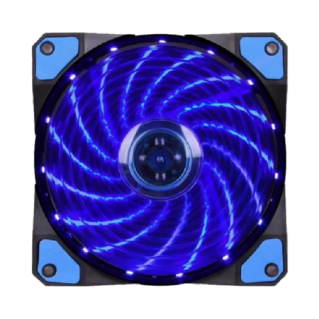 Computer fan with blue LED lighting on a white background