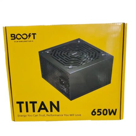 Boost Titan 650W power supply unit packaging with yellow background