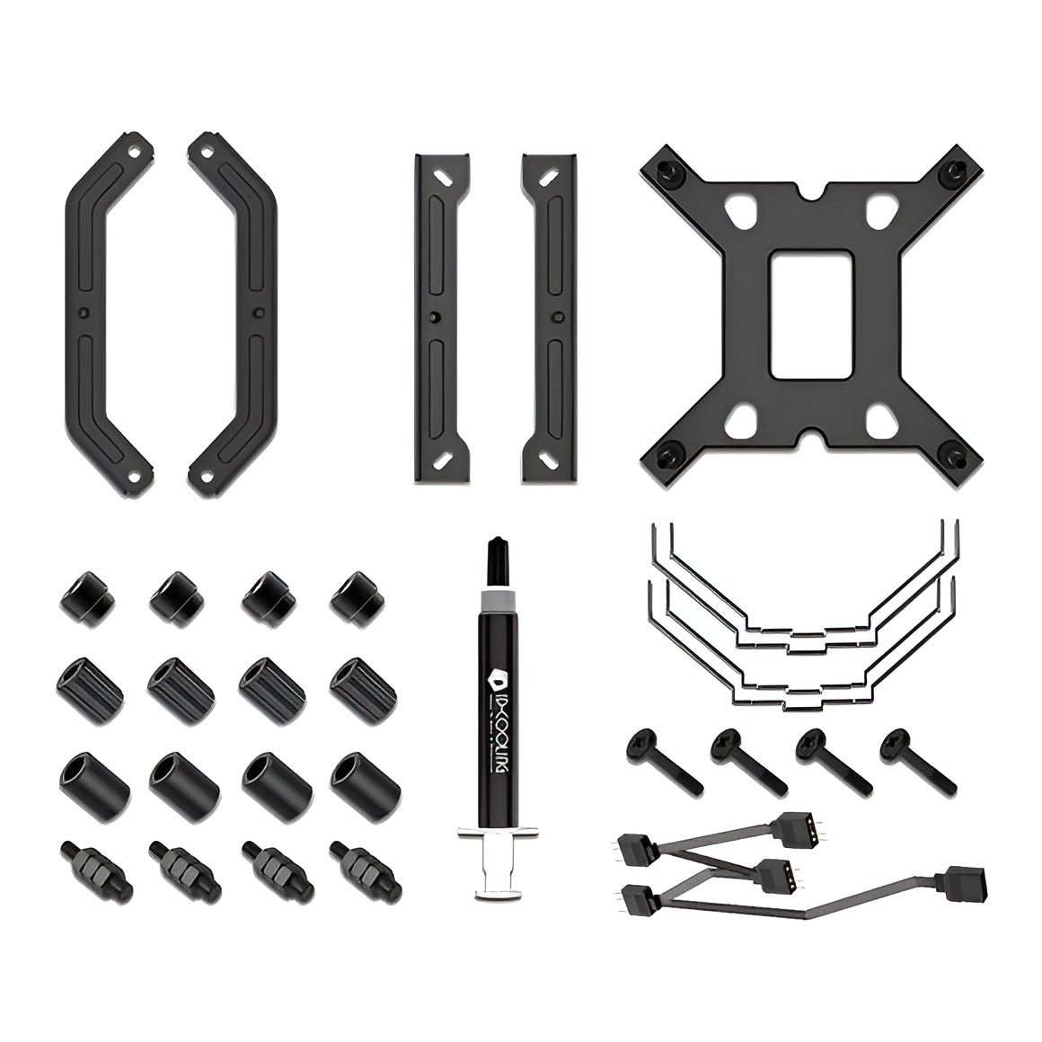 CPU_COOLER_11 Collection of black mechanical parts and tools on a white background
