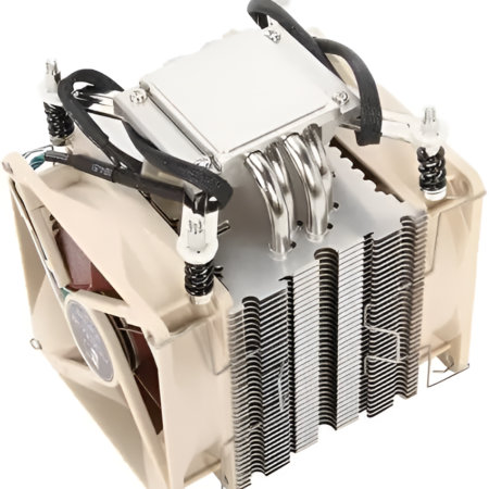 Computer cooling system with fans and heat sinks on a white background