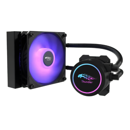 Computer cooling system with RGB lighting on a white background