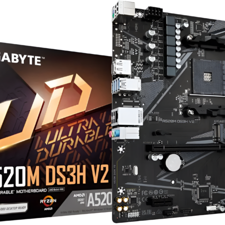 Gigabyte A520M DS3H V2 motherboard with packaging on a white background