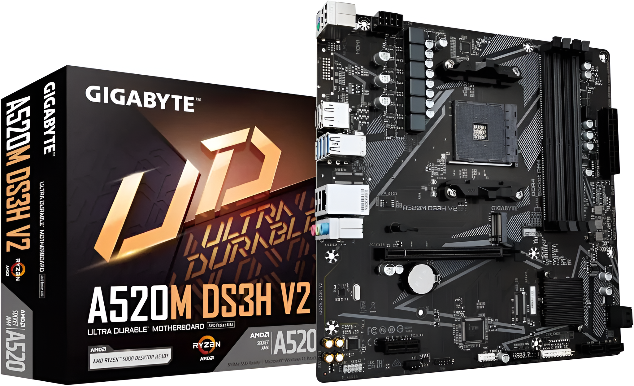 MB_7 Gigabyte A520M DS3H V2 motherboard with packaging on a white background
