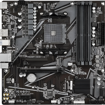 Gigabyte motherboard with various components on a black background
