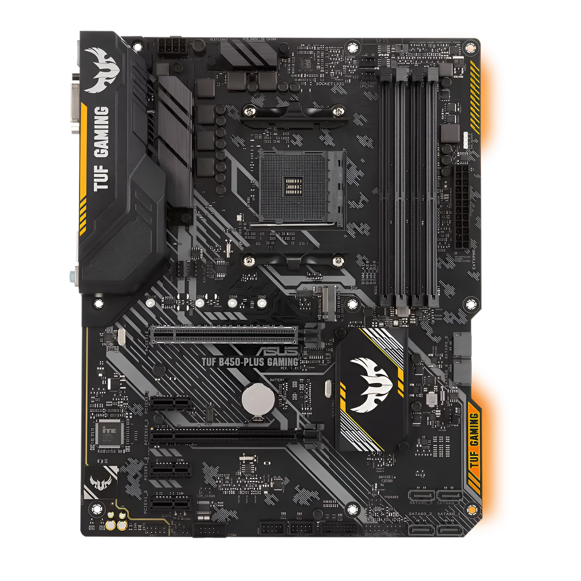 MOTHER_BOARD_135 Computer motherboard with TUF Gaming branding on a white background