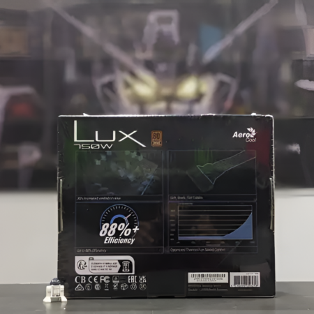 Lux power supply box with branding and specifications on a blurred background