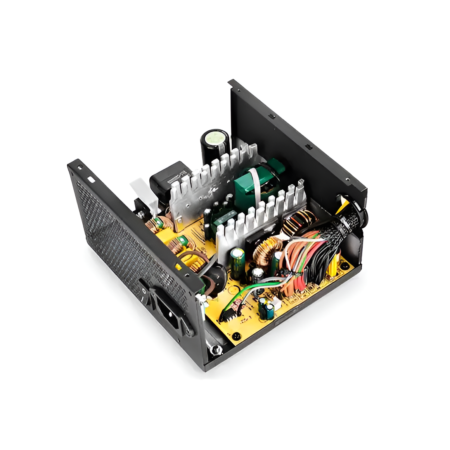 Electronic circuit board with various components on a white background