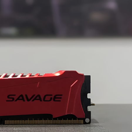 Red 'SAVAGE' RAM module on a blurred background