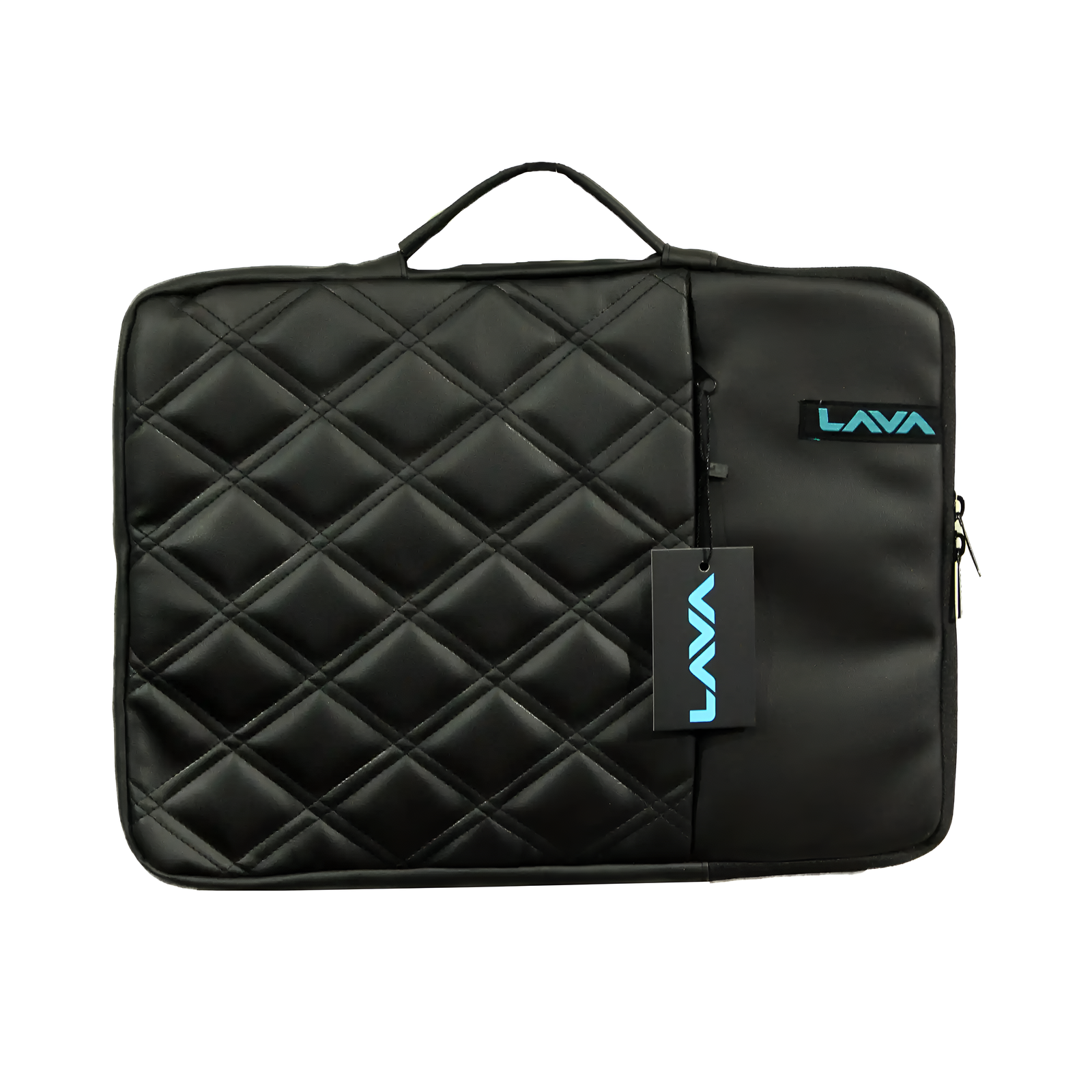 bag_9 Black quilted laptop sleeve with LAVA branding on a white background