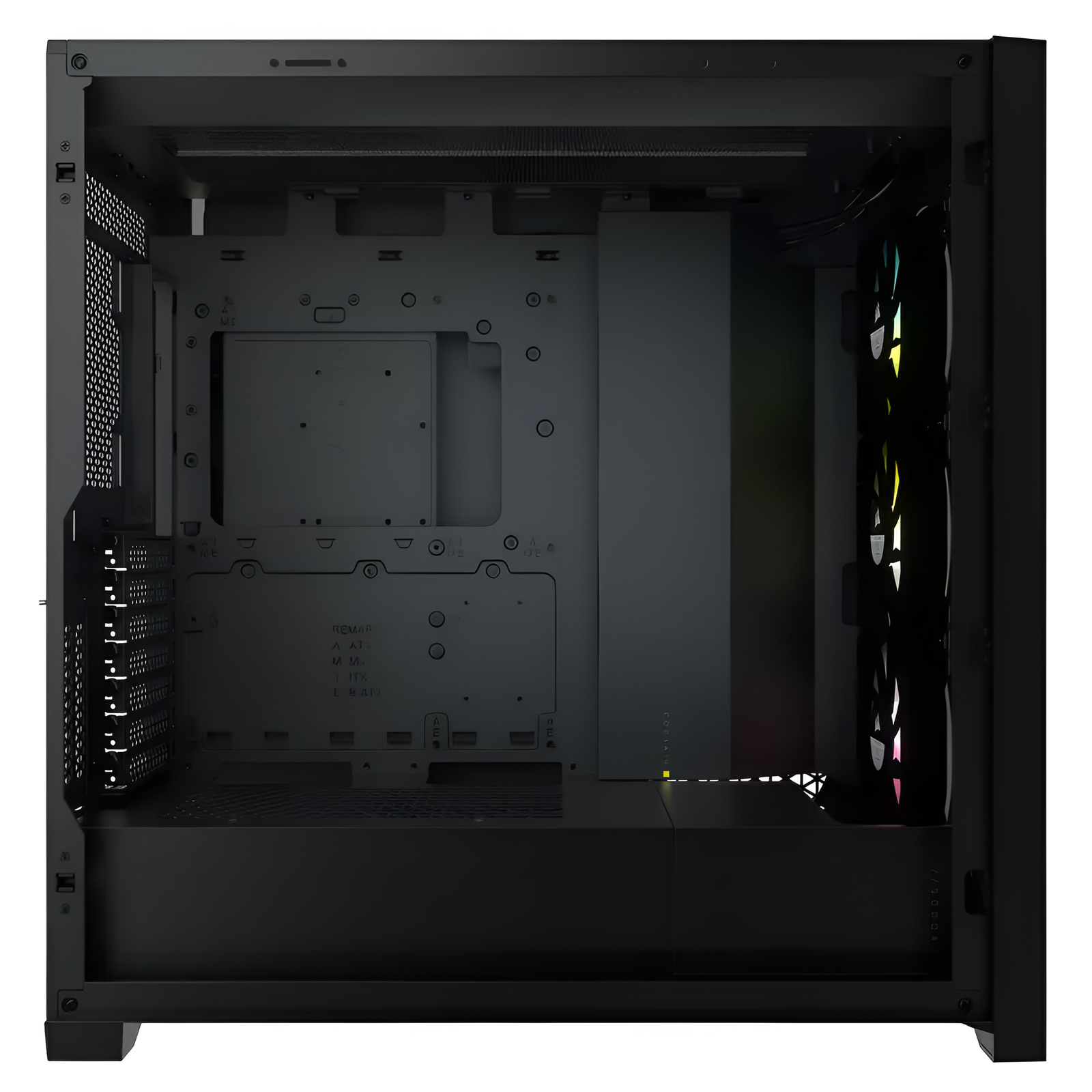 casing_22 Black computer case with clear side panel on a white background