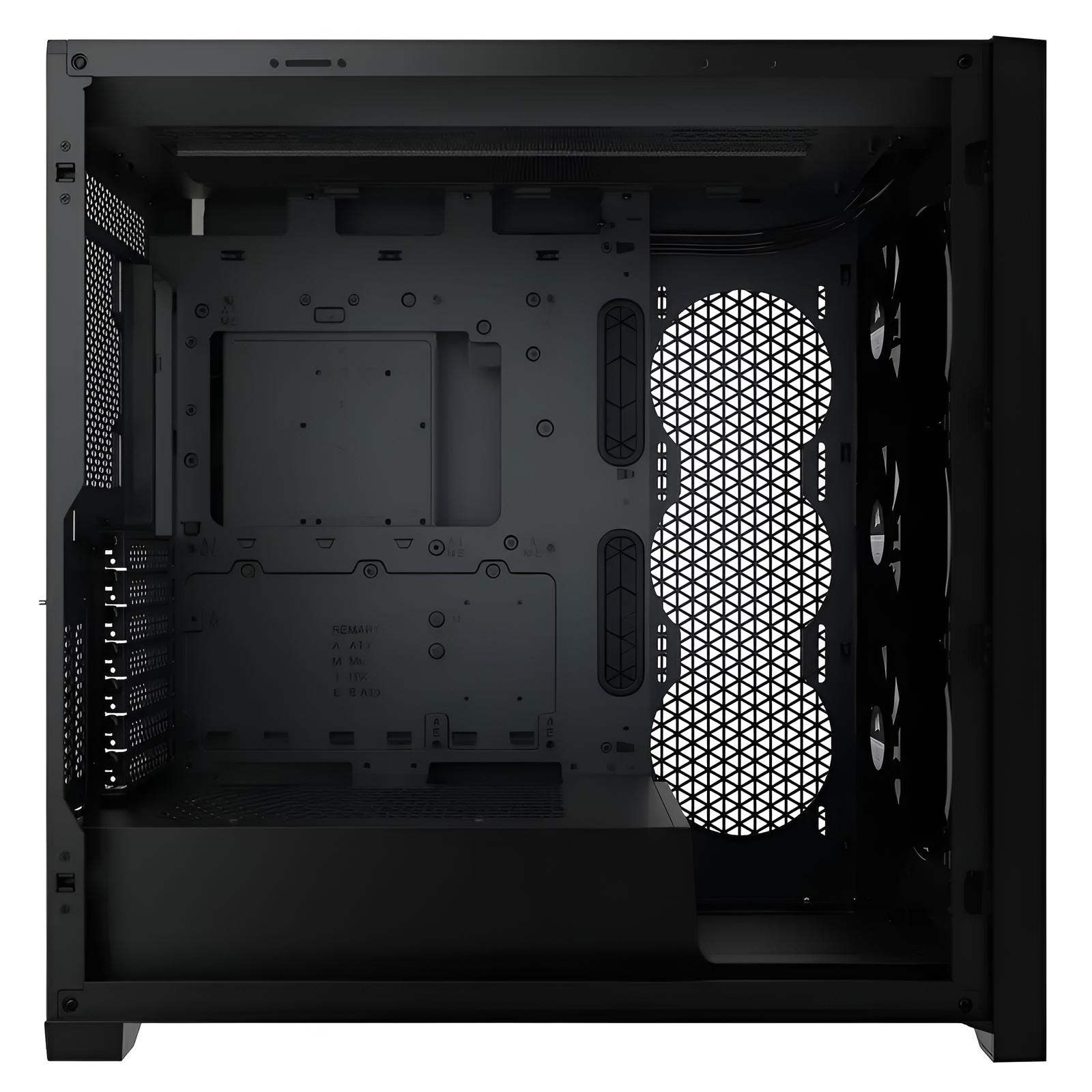 casing_24 Black computer case with mesh side panel on a white background
