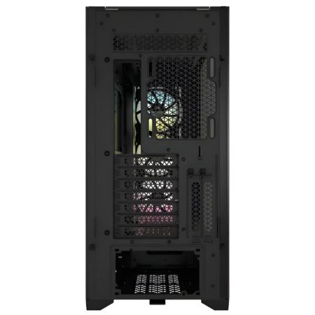 Black computer case with a visible fan on a white background
