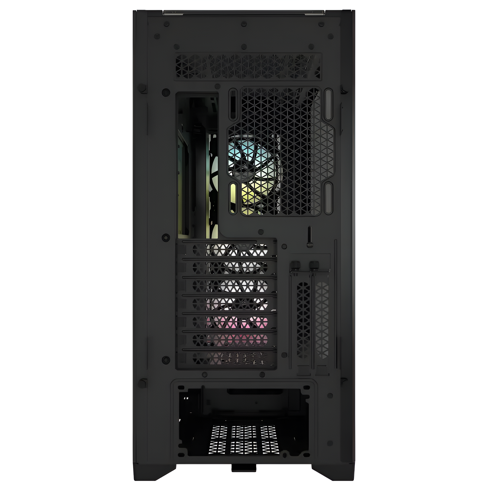 casing_25 Black computer case with a visible fan on a white background
