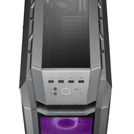 Computer case with purple lighting on a white background
