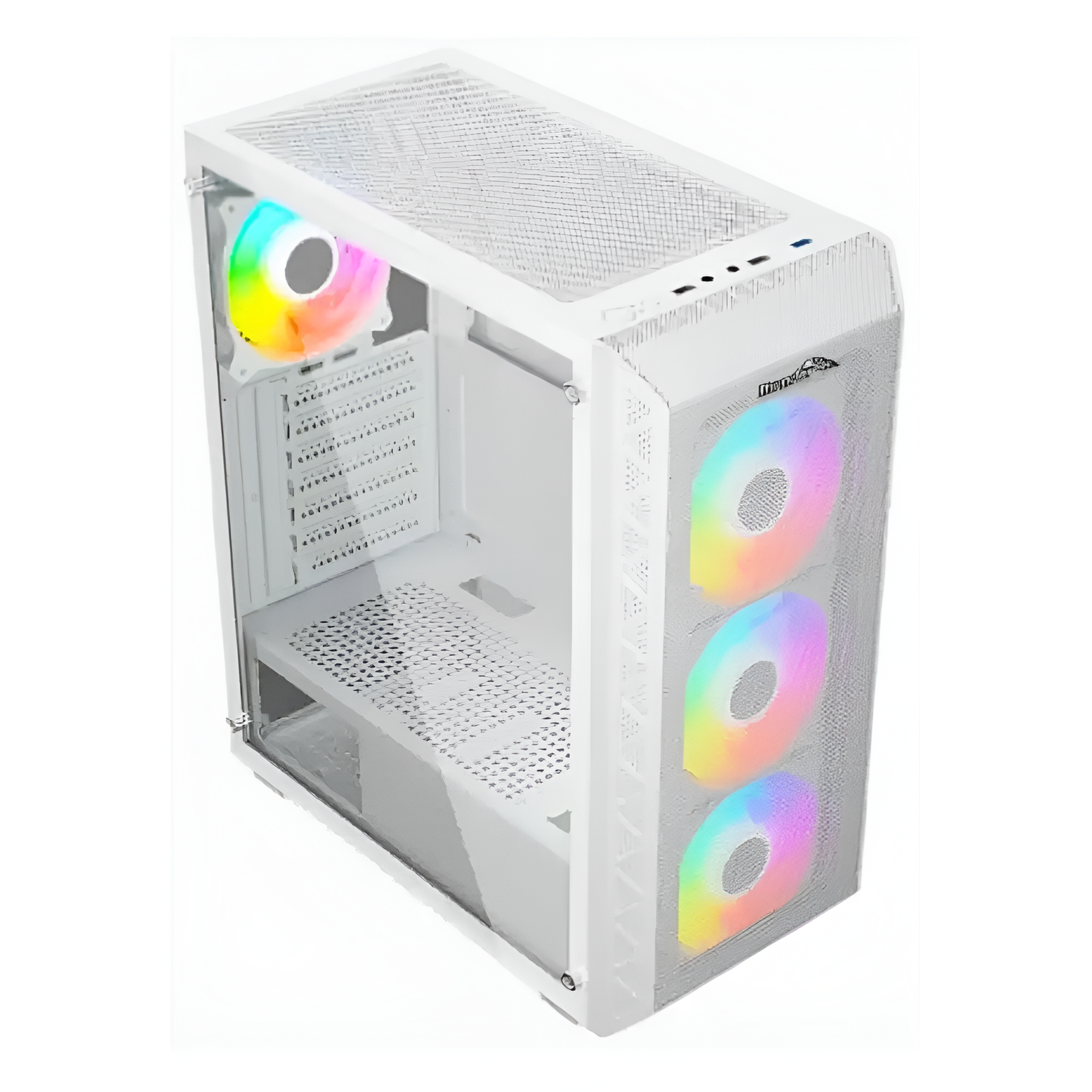 White computer case with RGB lighting on a white background