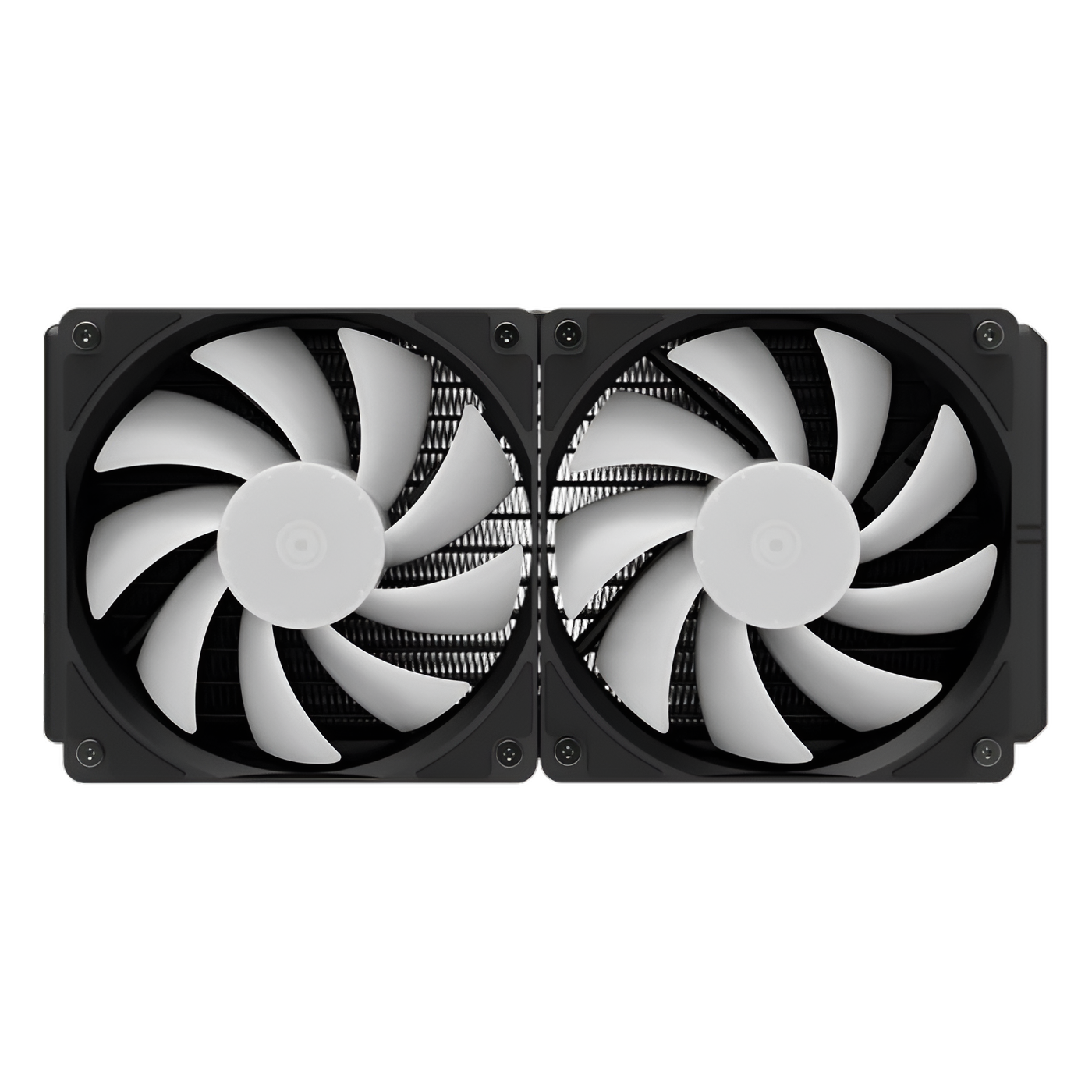 cpu_cooler_32 Two cooling fans with black frames and white blades on a white background