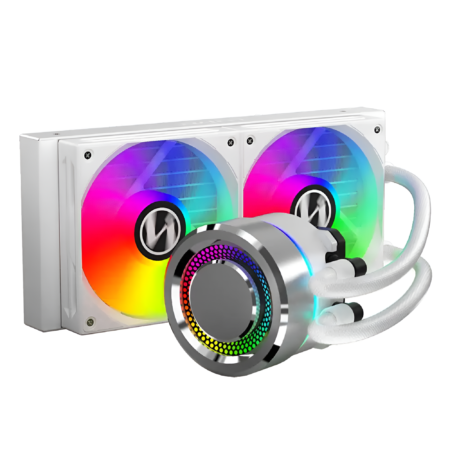 Computer cooling system with dual RGB fans and a reservoir on a white background