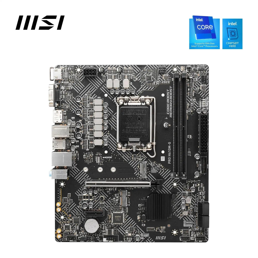 h610_board MSI computer motherboard with Intel logos on a white background