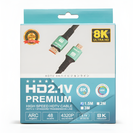 HDTV cable packaging with 8K Ultra HD and Premium branding on a white background