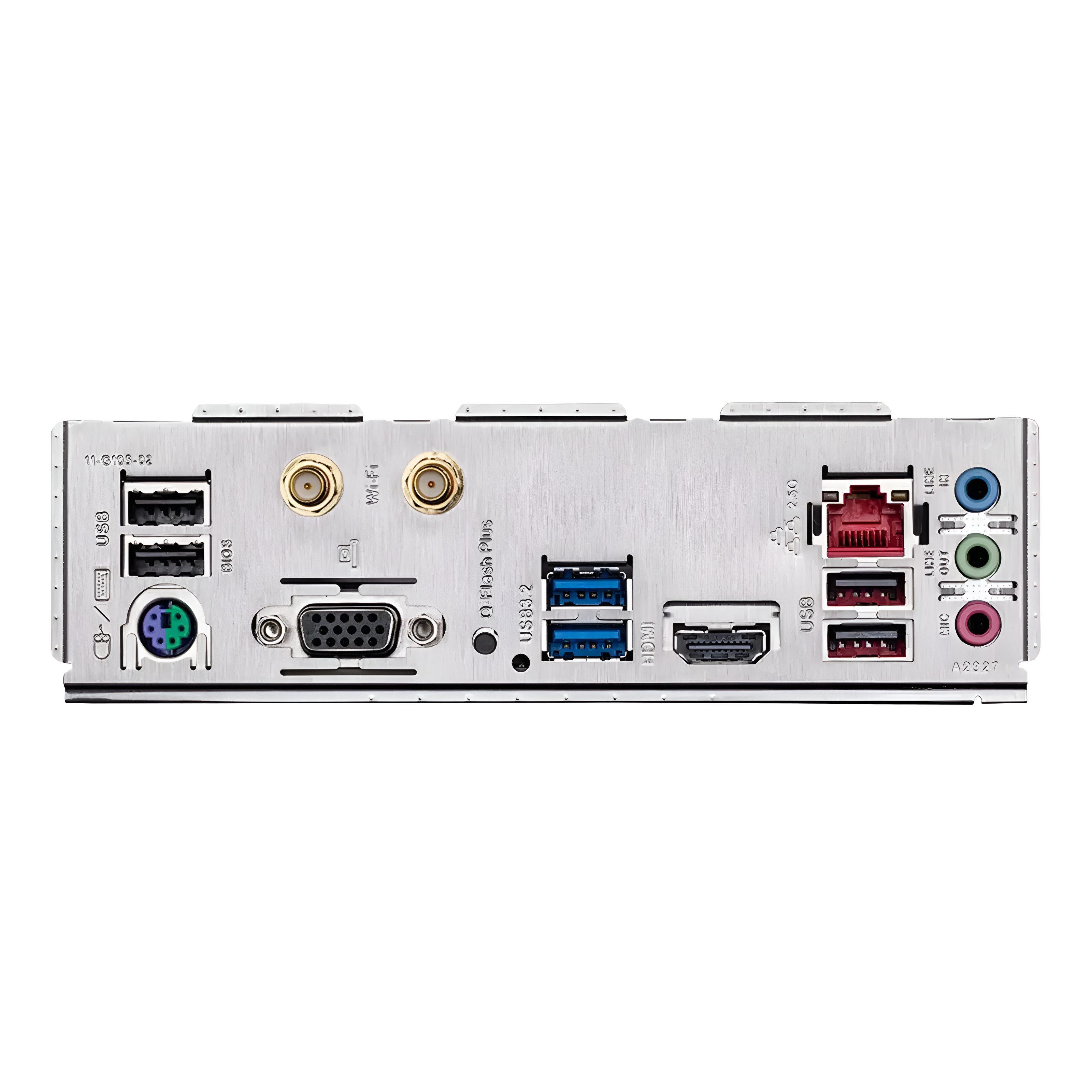 io_9 Computer motherboard with various ports on a white background